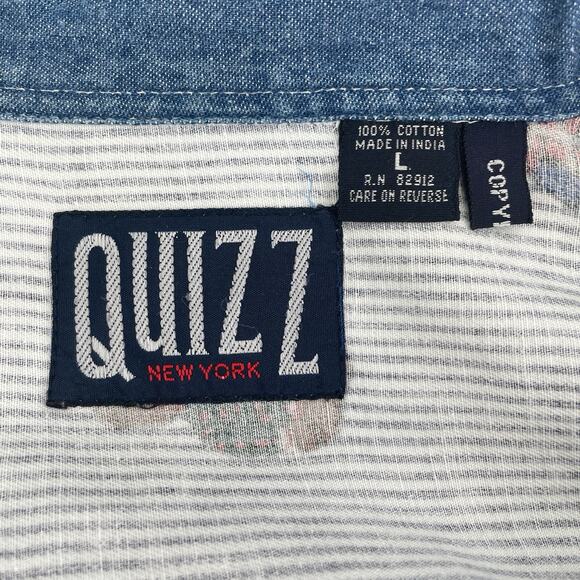VTG Quizz Button Up Shirt Women Large Bear Railroad Stripe Denim Woven Novelty - Picture 5 of 6
